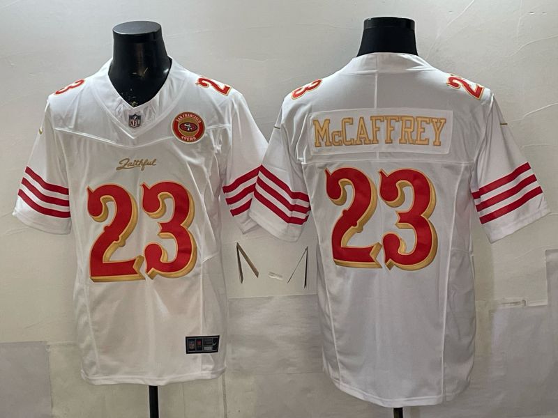 Men 2026 San Francisco 49ers #23 Mccaffrey White Gold 5th generations Nike Limited NFL Jersey style 005